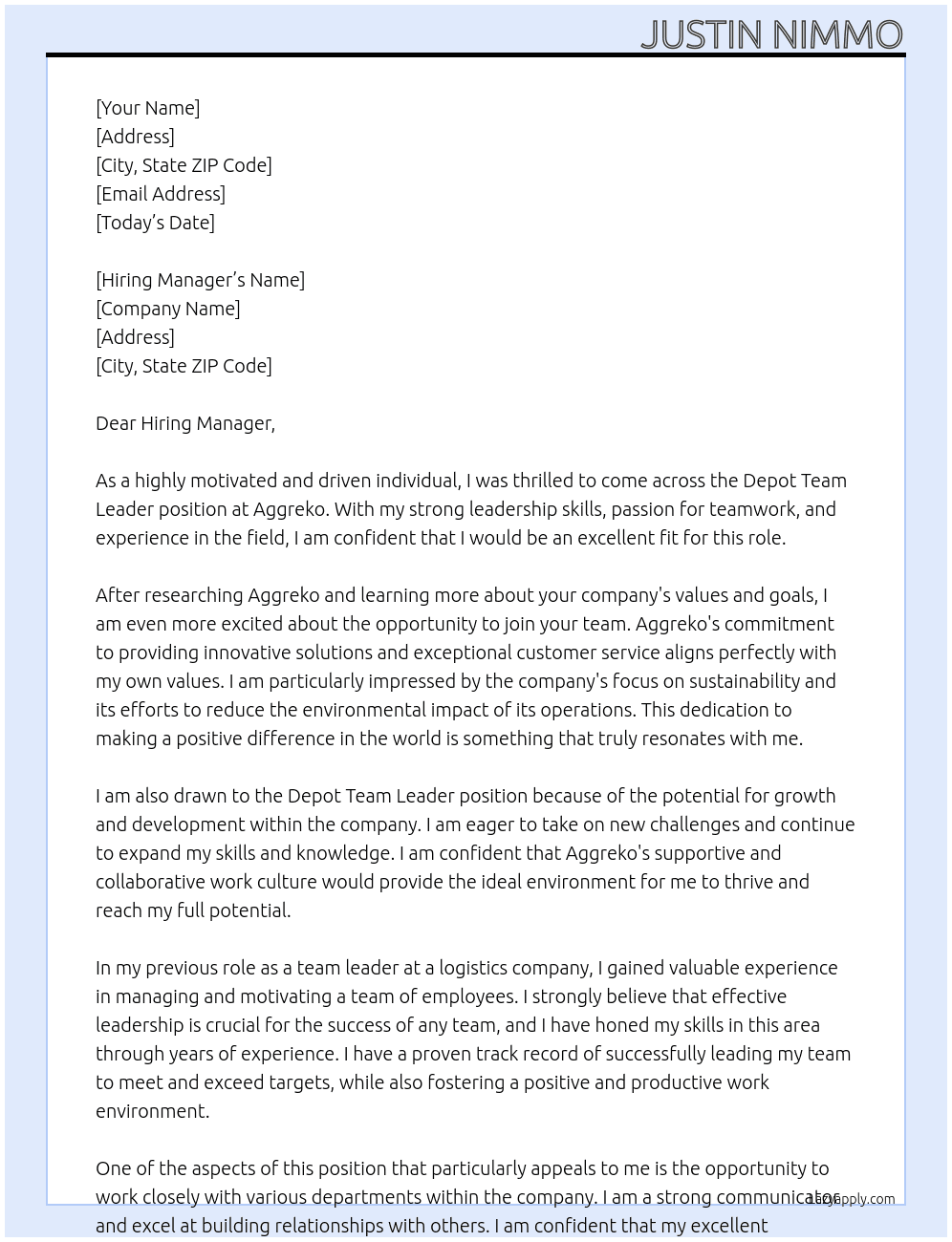 Depot Team Leader At aggreko Cover Letter