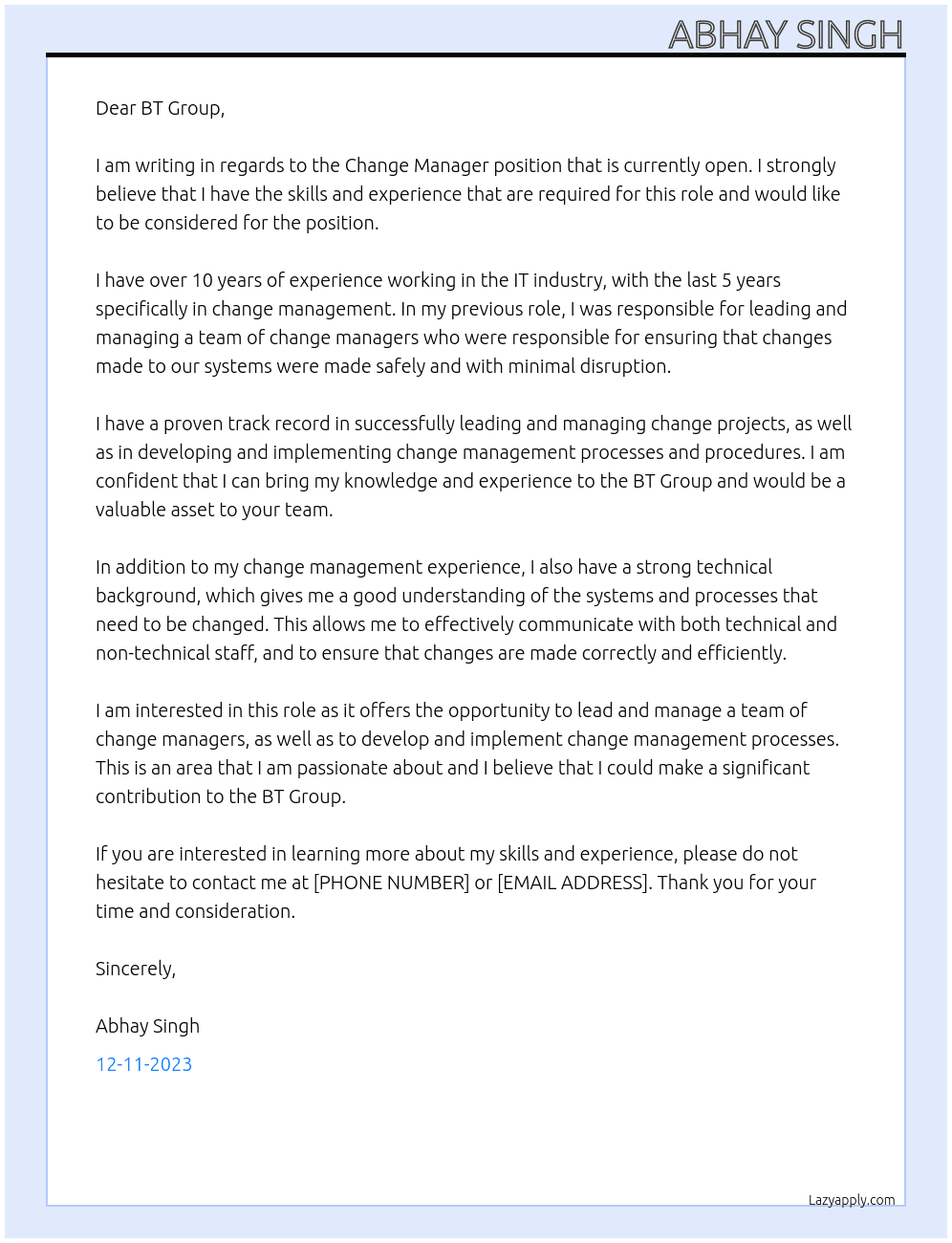 Change Manager At BT Group Cover Letter