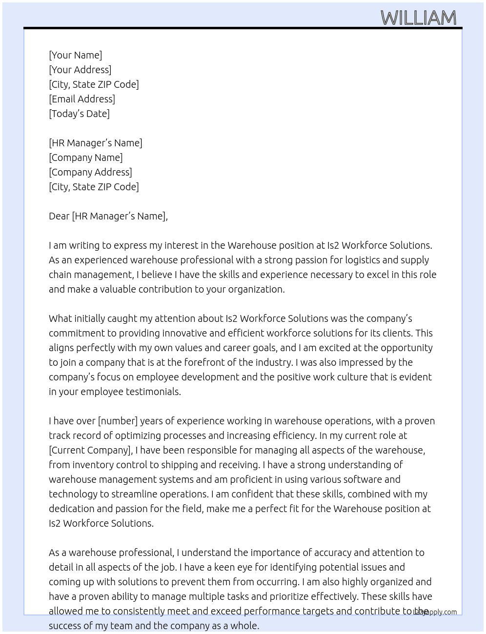 Warehouse At Is2 workforce solutions Cover Letter