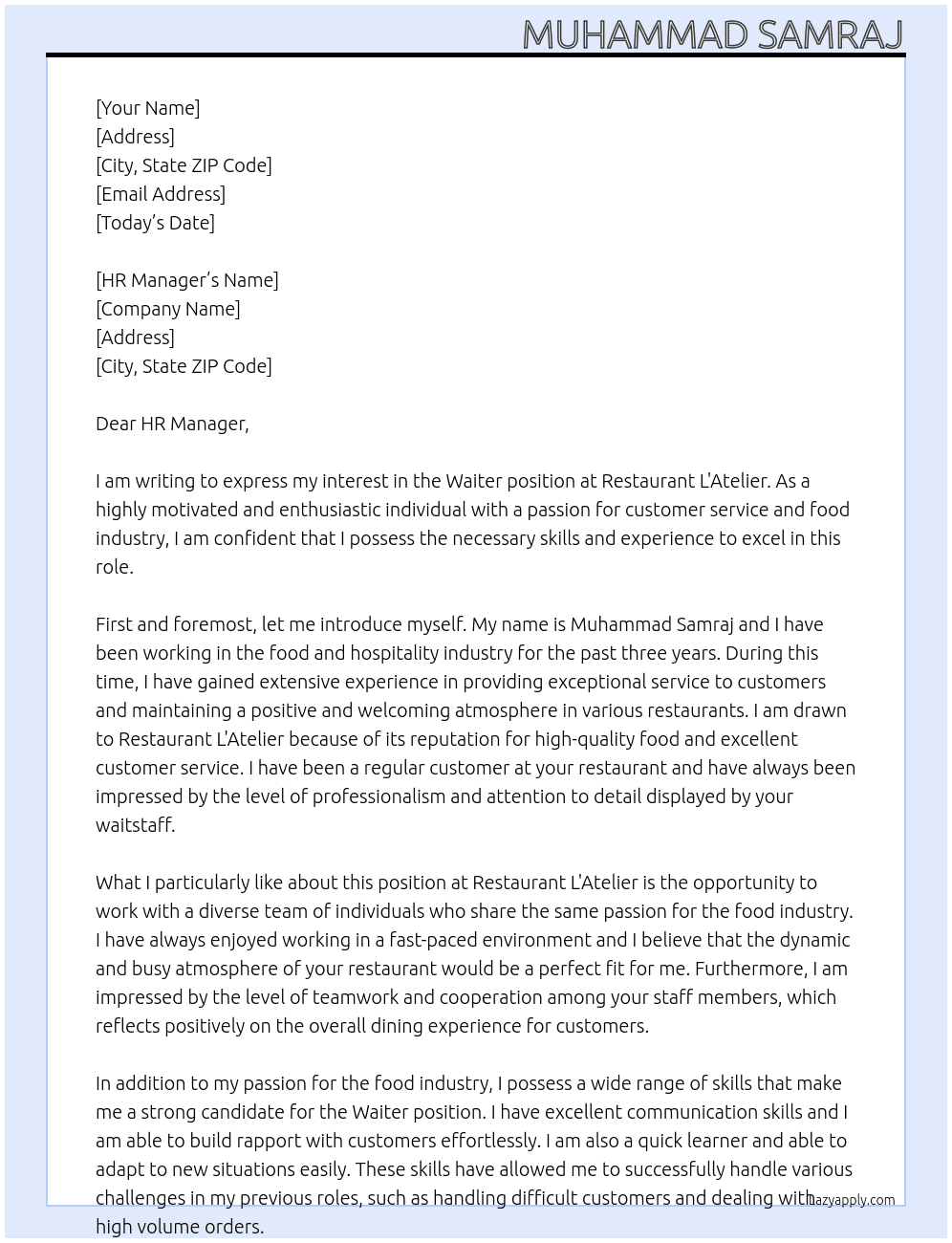 Waiter At Restaurant L'Atelier Cover Letter