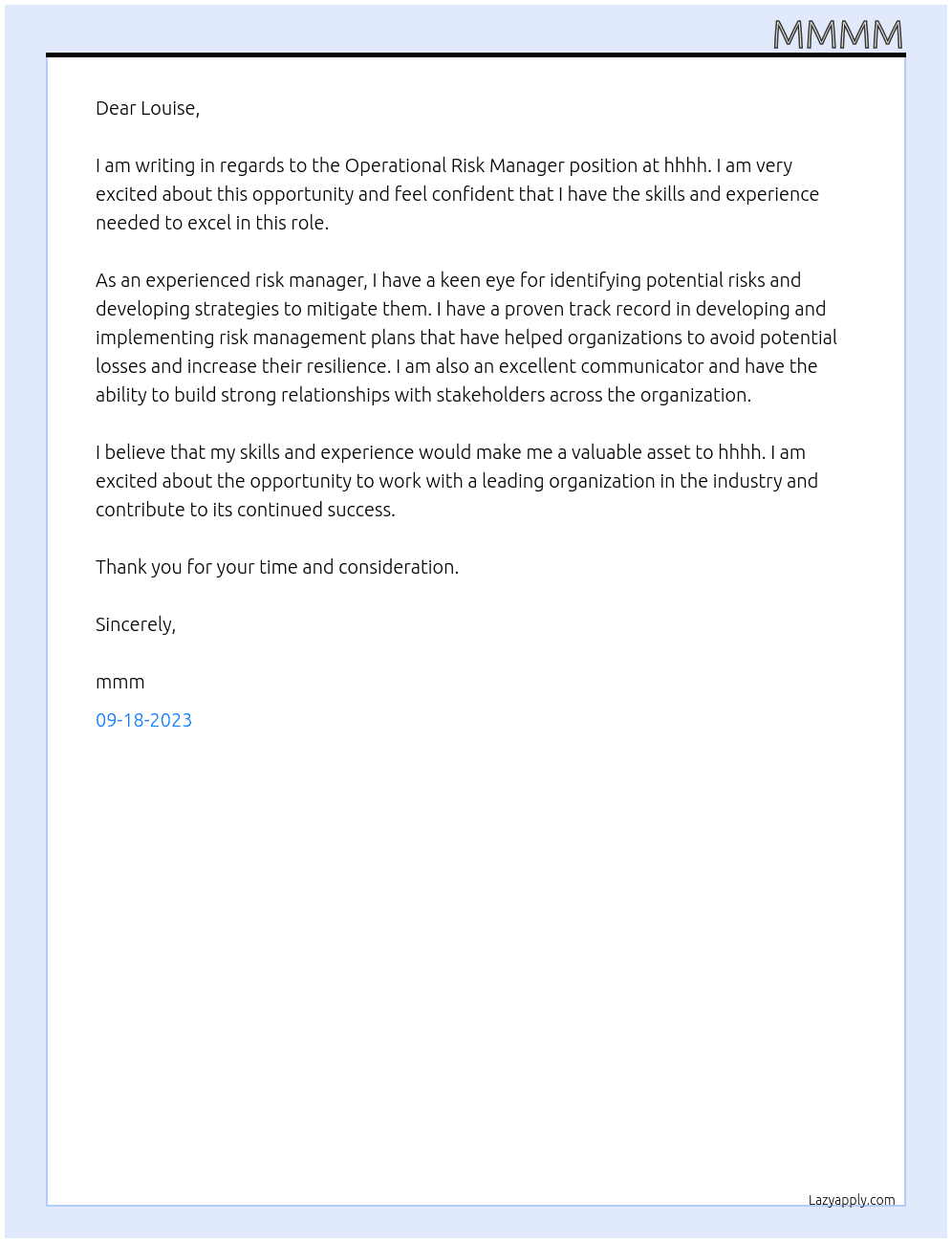 operational risk Manager At hhhh Cover Letter