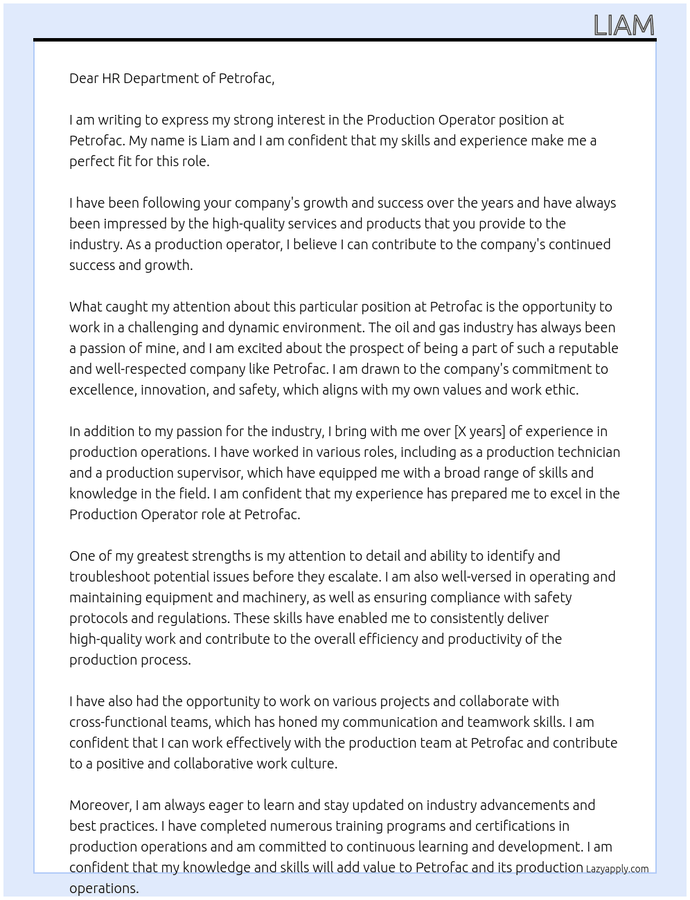 Production operator At petrofac Cover Letter
