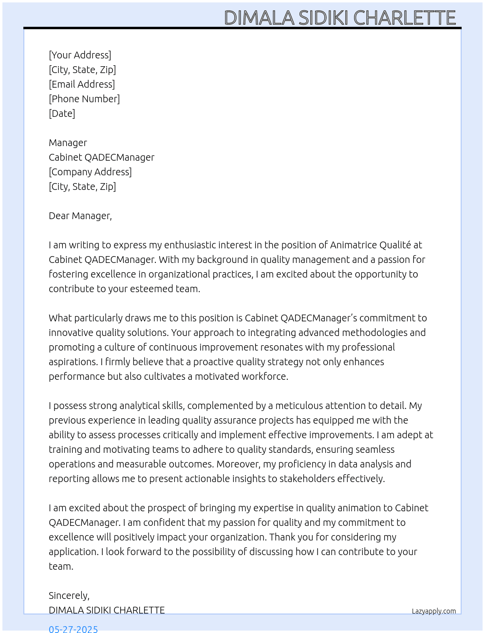 Animatrice qualité  At cabinet QADECManager Cover Letter
