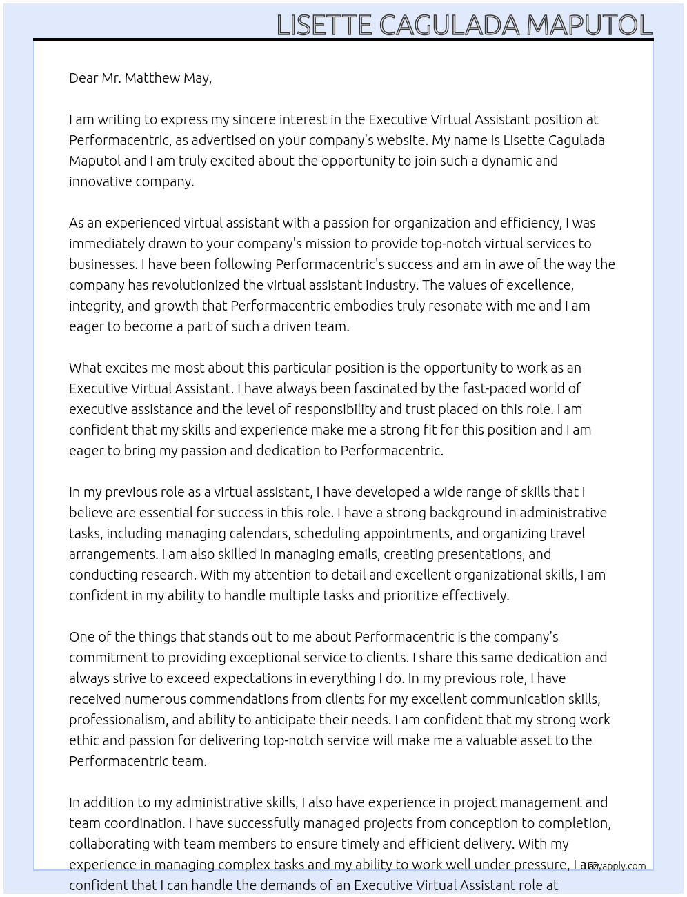 Executive Virtual Assistant At Performacentric Cover Letter