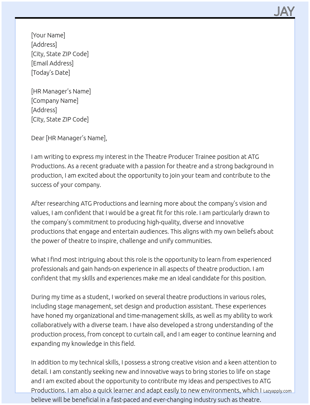 Theatre producer trainee At ATG Productions Cover Letter