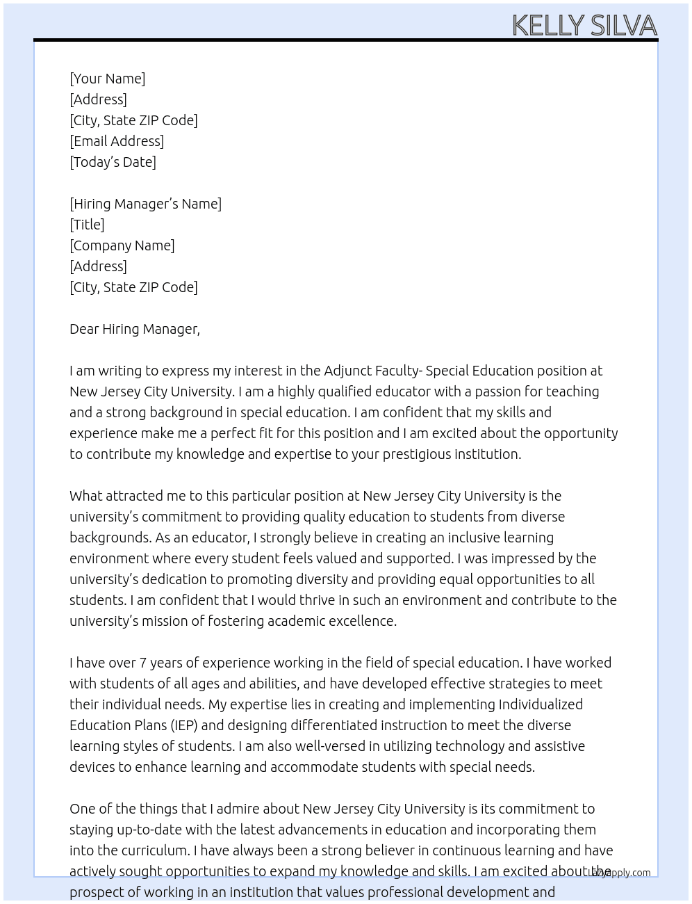 Adjunct Faculty- Special Education At New Jersey City University  Cover Letter