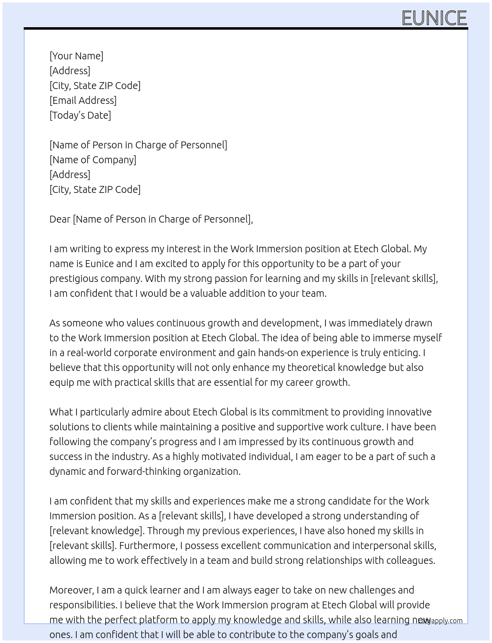 Work immersion  At Etech global Cover Letter
