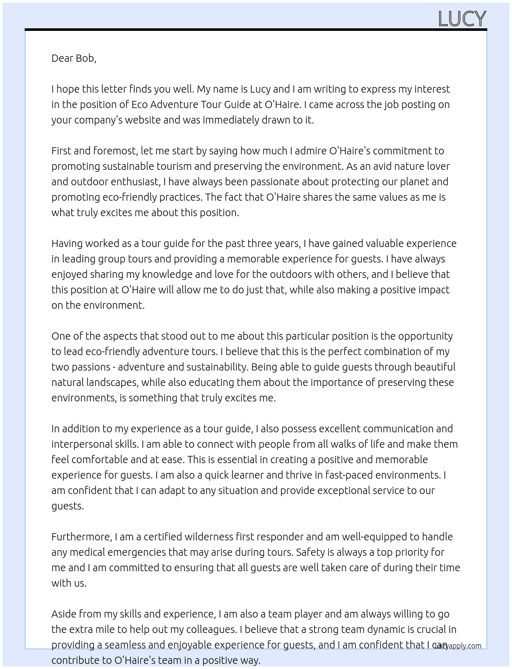 Eco Adventure Tour Guide At O'Haire Cover Letter