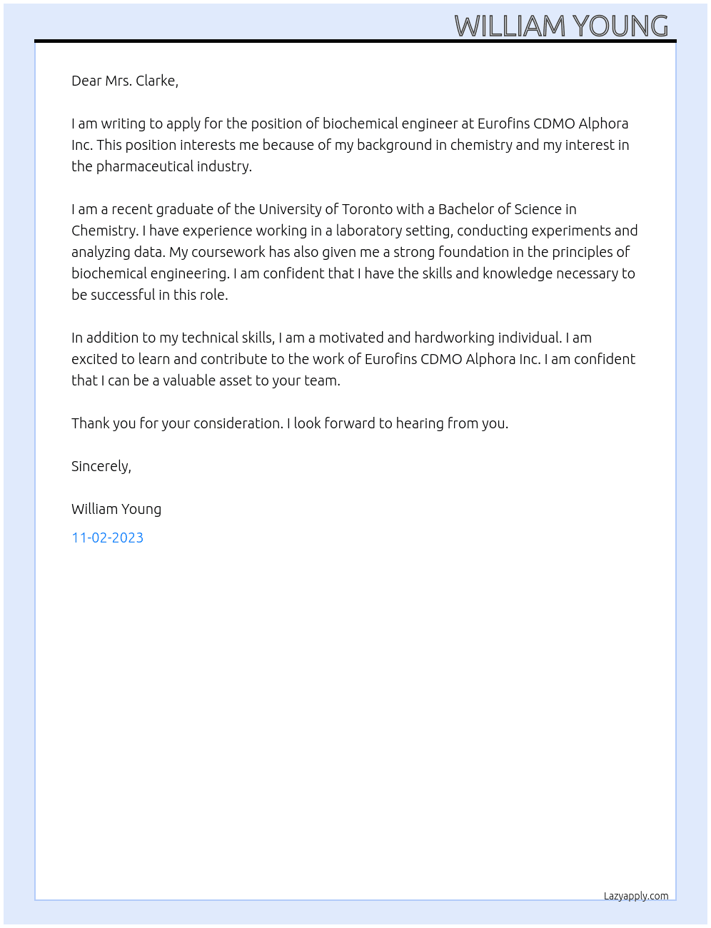 biochemical engineer  At Eurofins CDMO Alphora Inc. Cover Letter