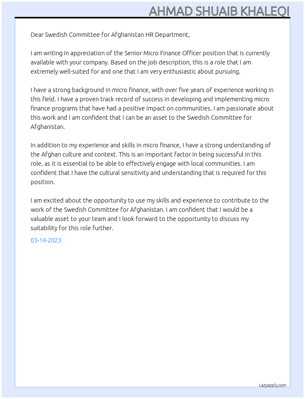 Senior Micro Finance Officer At Swedish Committee for Afghanistan Cover Letter