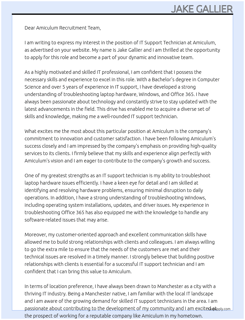 IT support technician At Amiculum Cover Letter