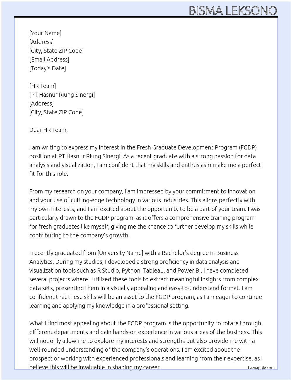 Fresh Graduate Development ProgramFGDP At PT Hasnur Riung Sinergi Cover Letter