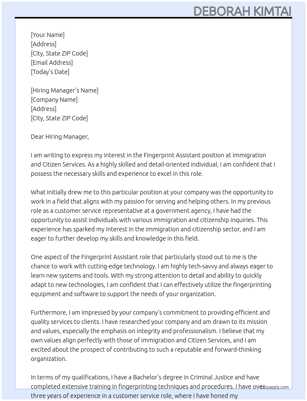 FINGERPRINT ASSISTANT At IMMIGRATION AND CITIZEN SERVICES Cover Letter
