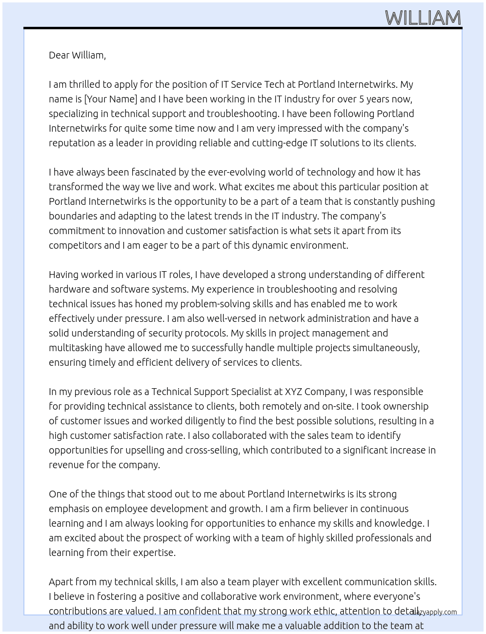 IT Service Tech At Portland Intenetwirks Cover Letter
