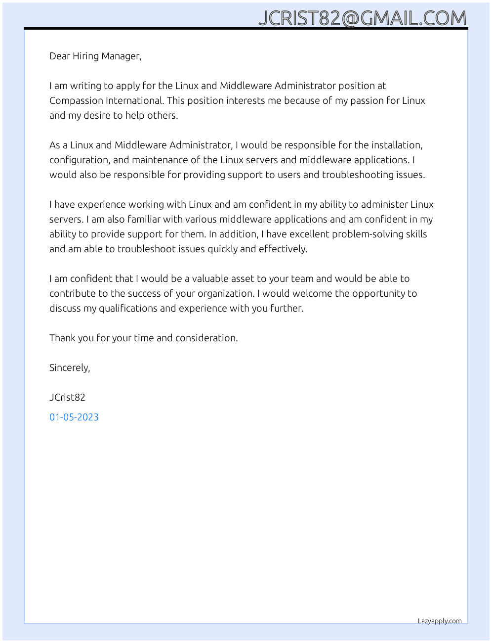 Linux and Middleware Administrator At Compassion International  Cover Letter