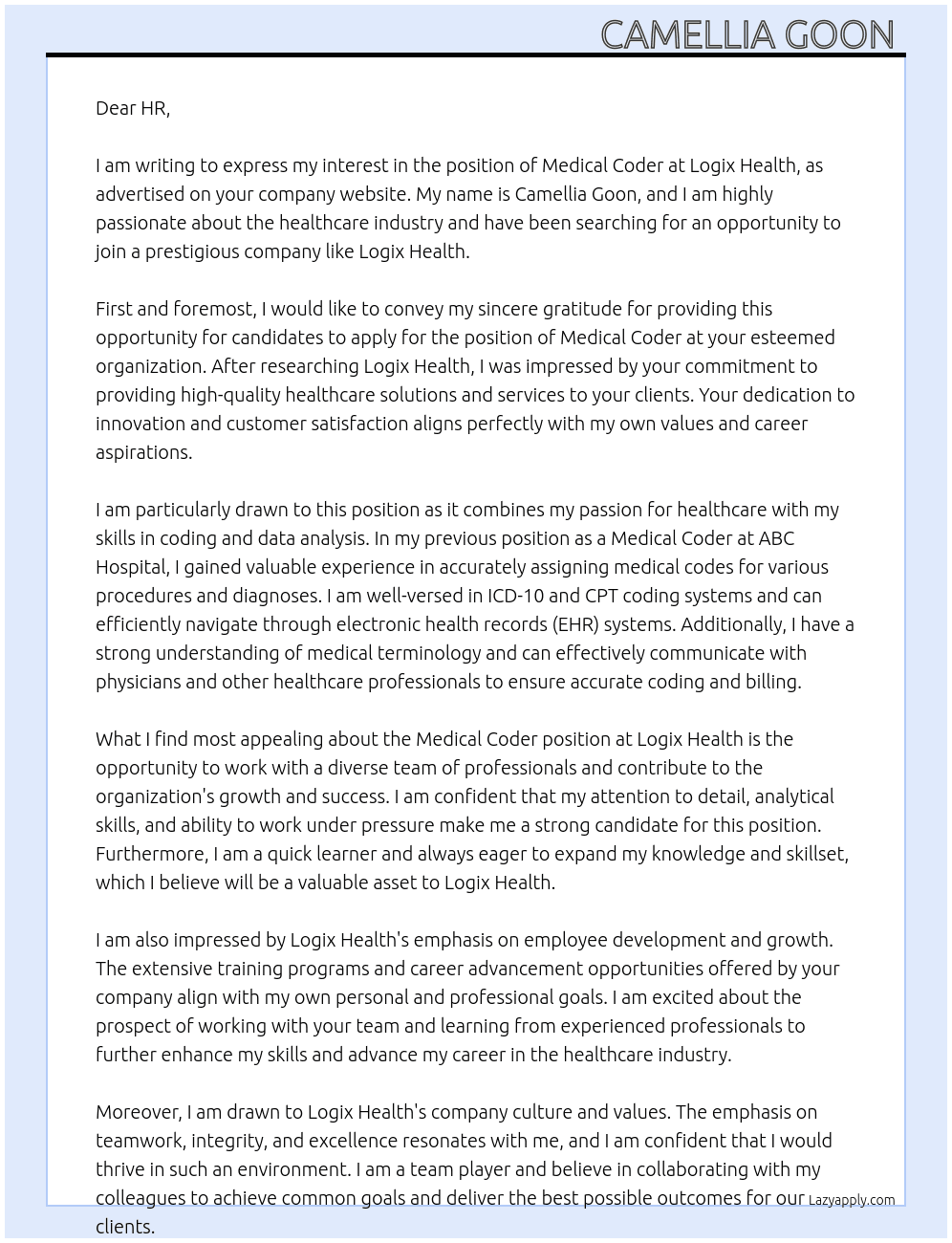 Medical coder At Logix health Cover Letter