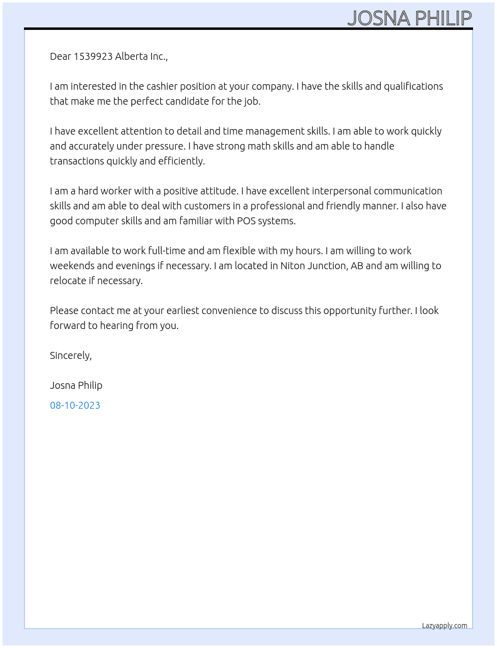 Cashier  At 1539923 Alberta Inc. Cover Letter