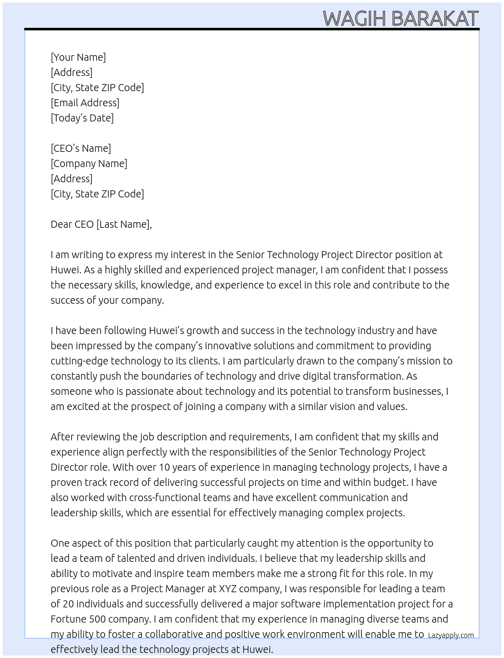 Senior technology project director At Huwei Cover Letter