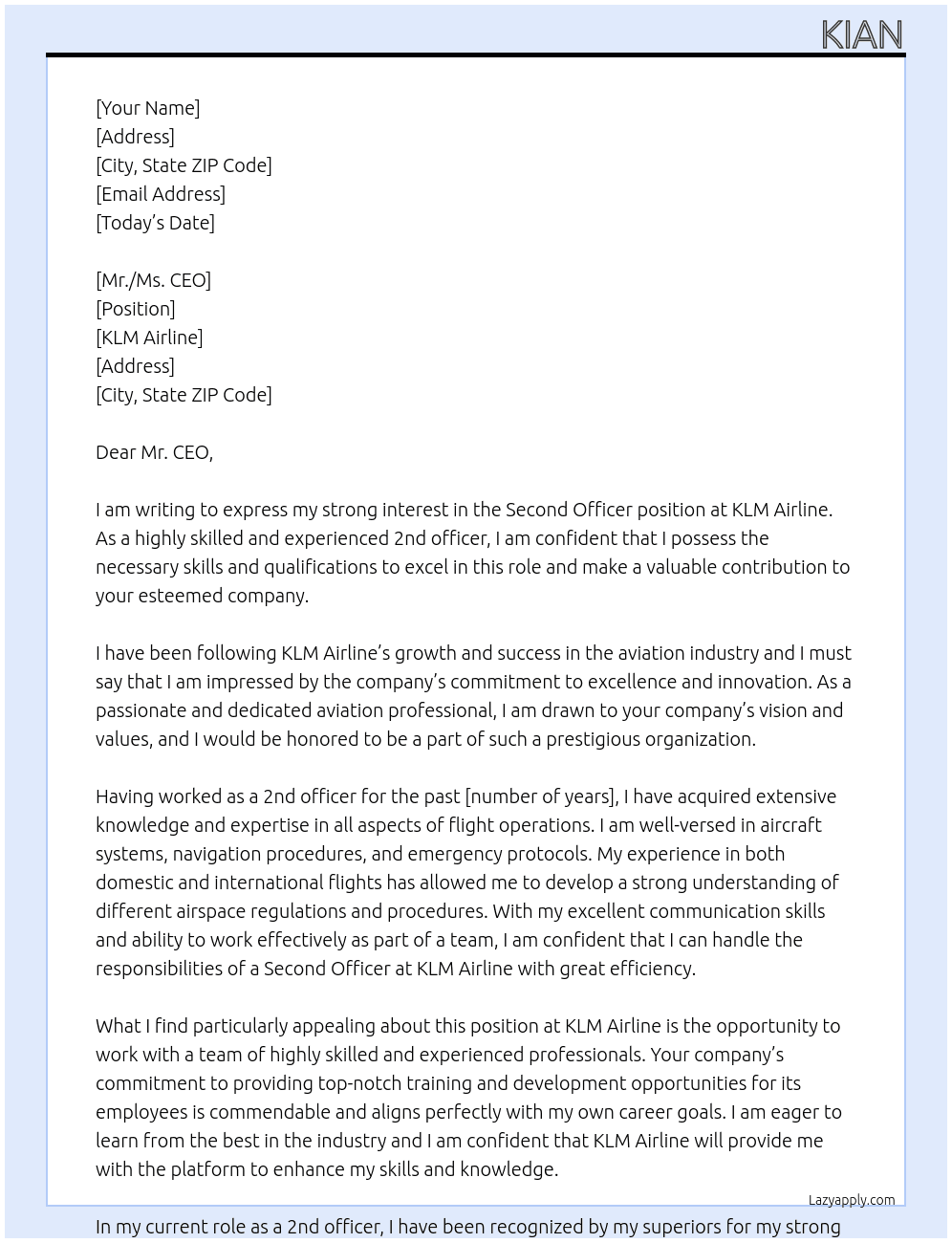 second officer At KLM Airline Cover Letter