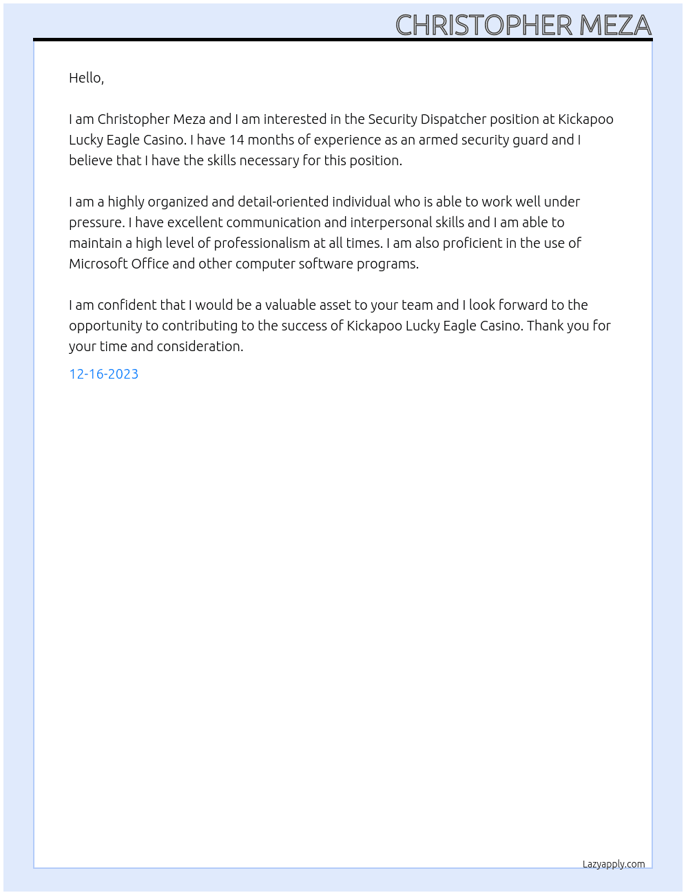 Security Dispatcher  At Kickapoo Lucky Eagle Casino Cover Letter
