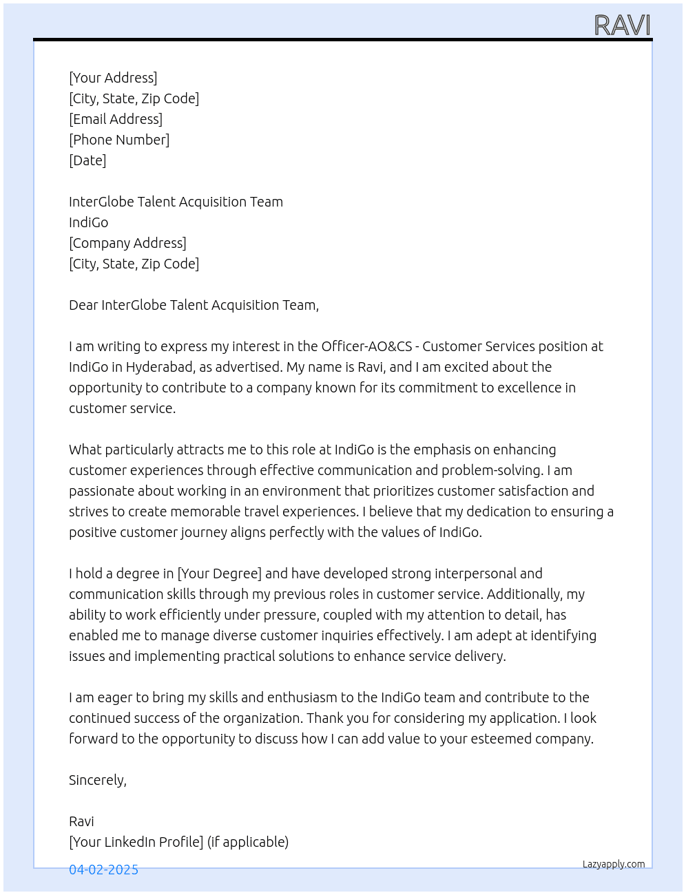 Cover letter for officer-ao&cs - customer services - hyd - LazyApply
