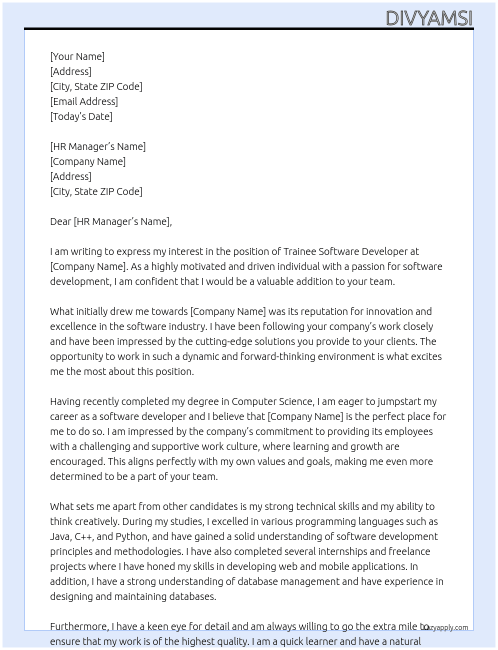 Trainee Software Developer At Itdesign Cover Letter