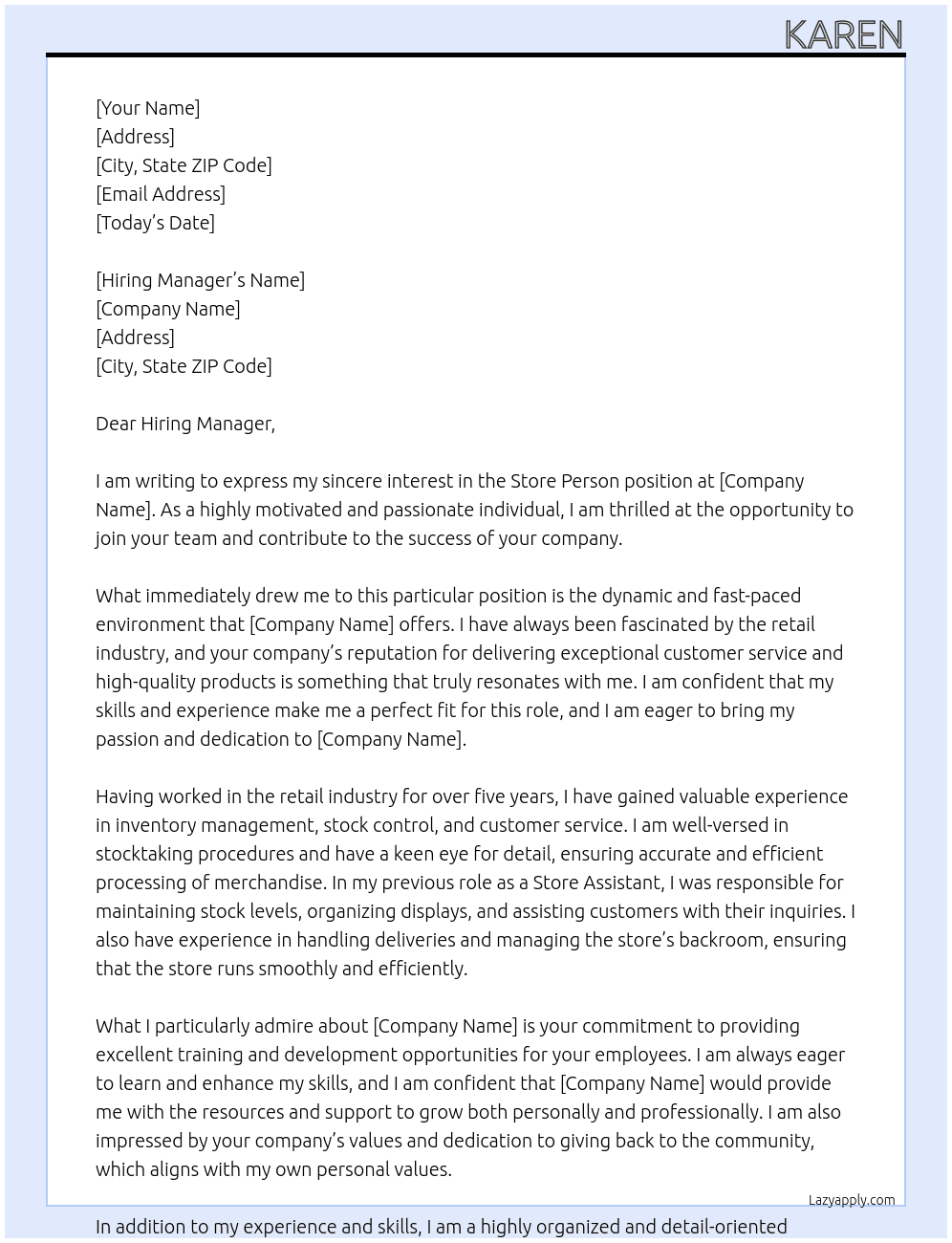 Store person At company Cover Letter