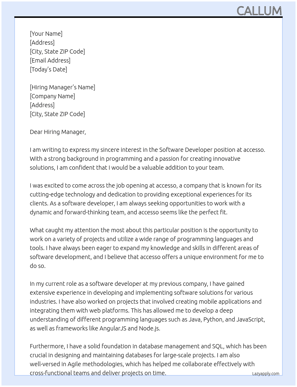 Software developer At accesso Cover Letter