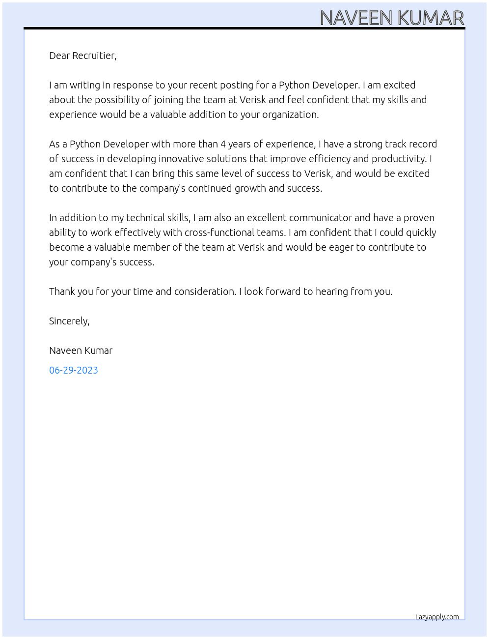 python developer At verisk Cover Letter
