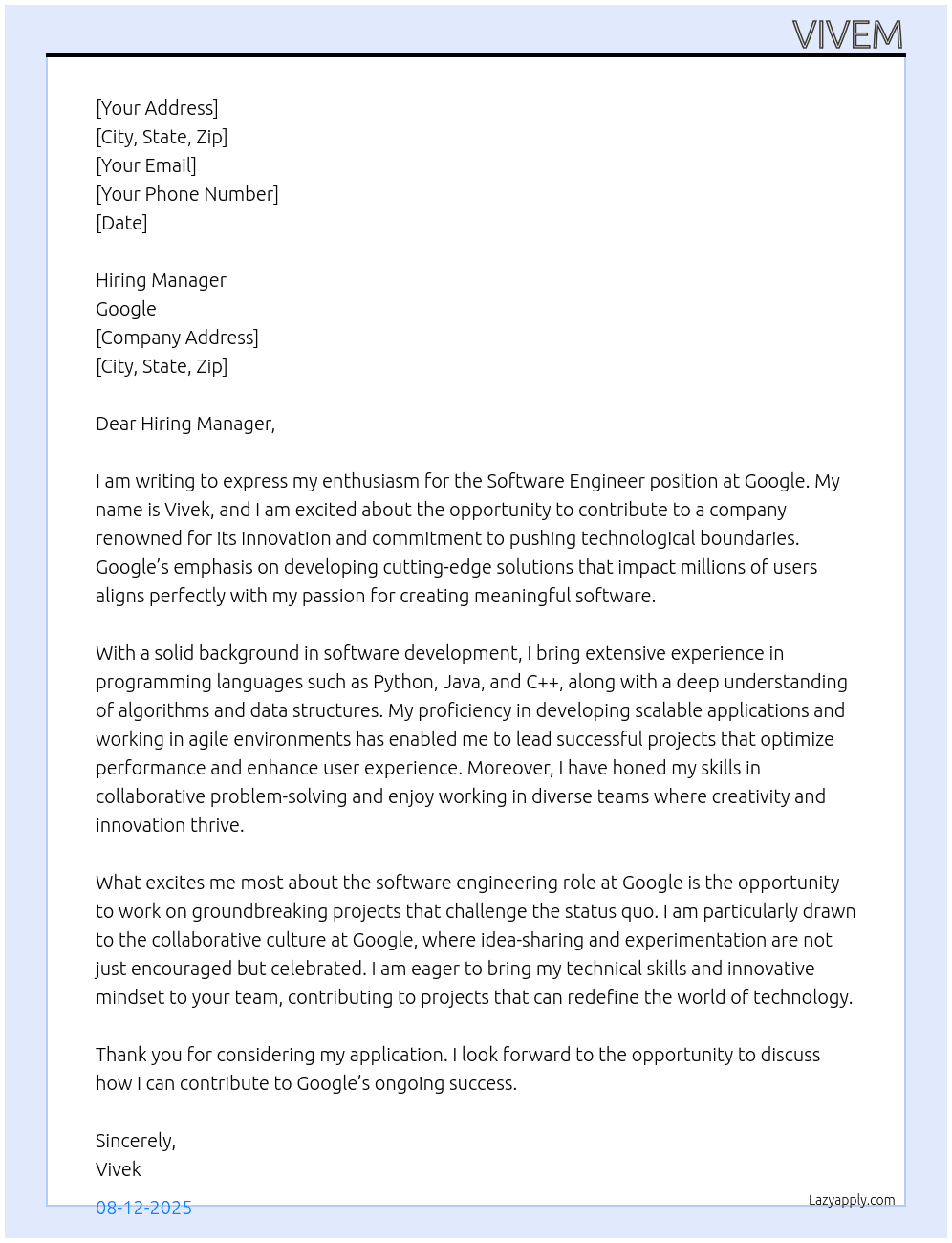 Cover letter for software enginer - LazyApply