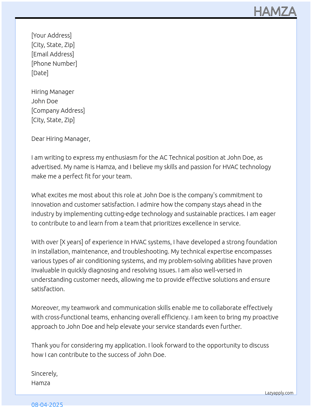 Ac technical  At John Doe Cover Letter