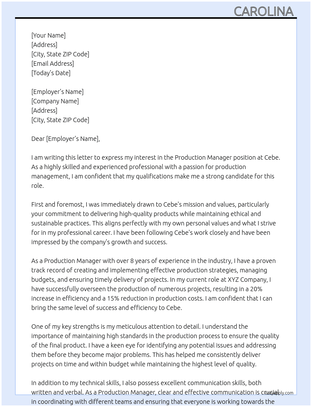 Production Manager  At Cebe Cover Letter
