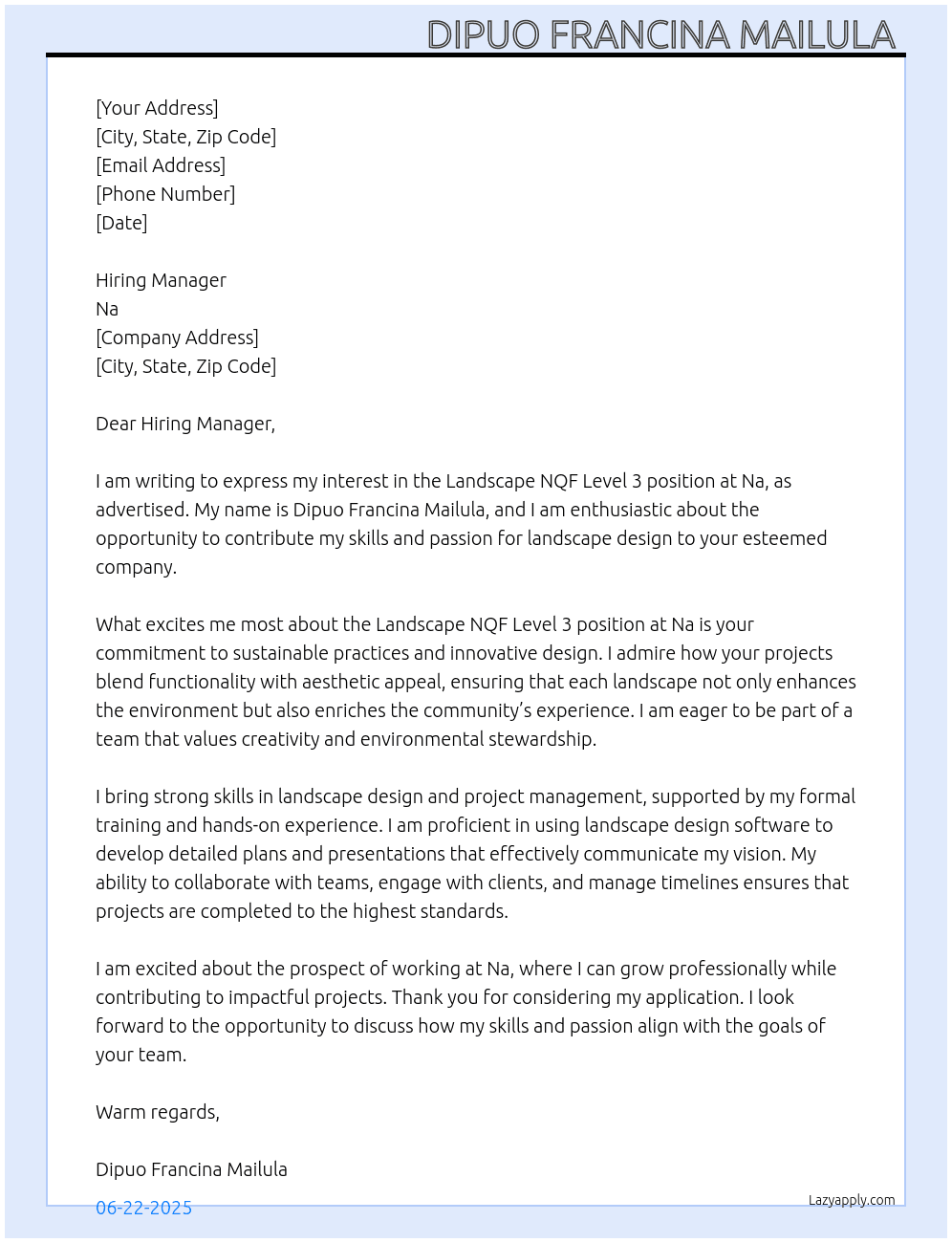 Cover letter for landscape nqf level 3 - LazyApply
