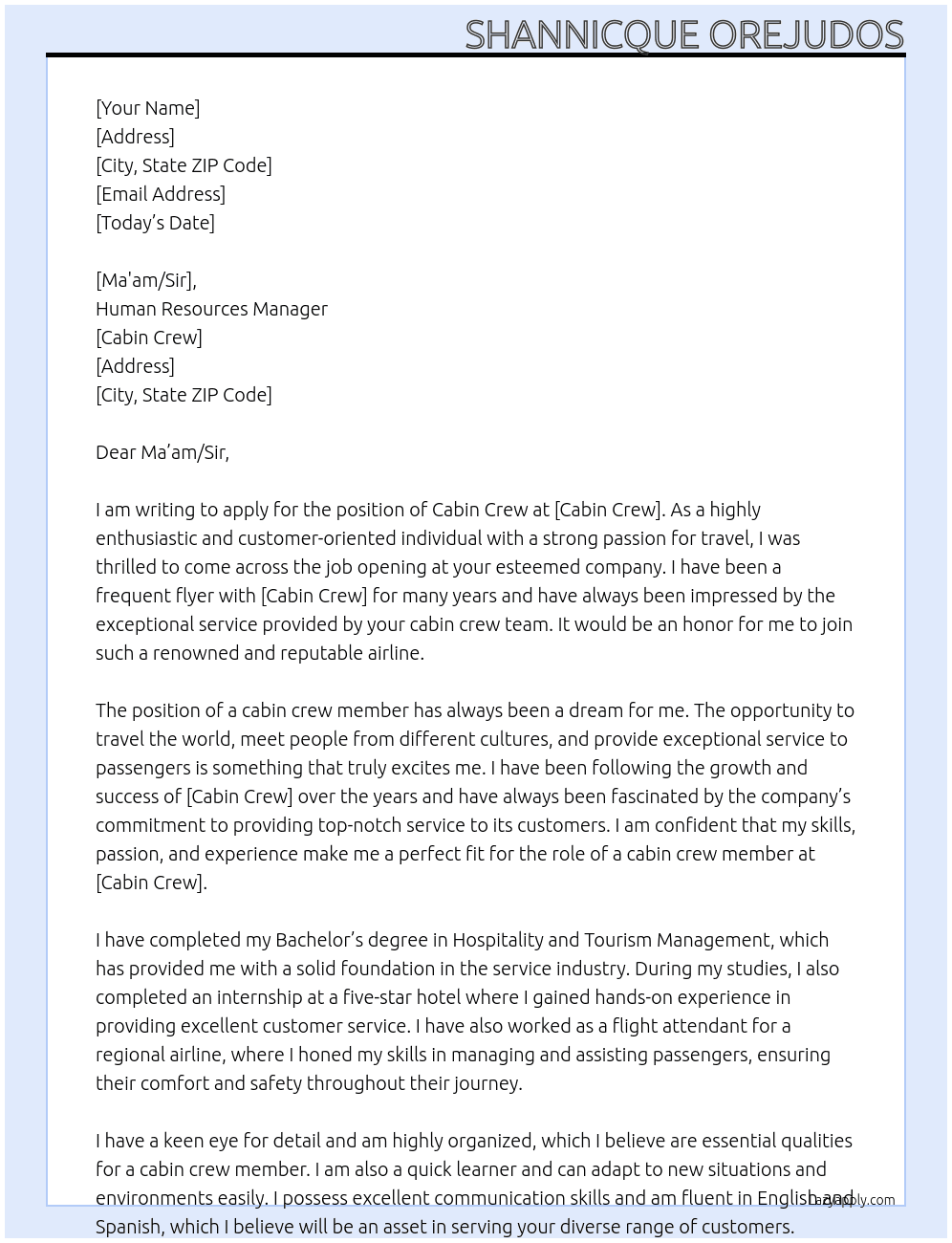 cabin crew At CABIN CREW Cover Letter