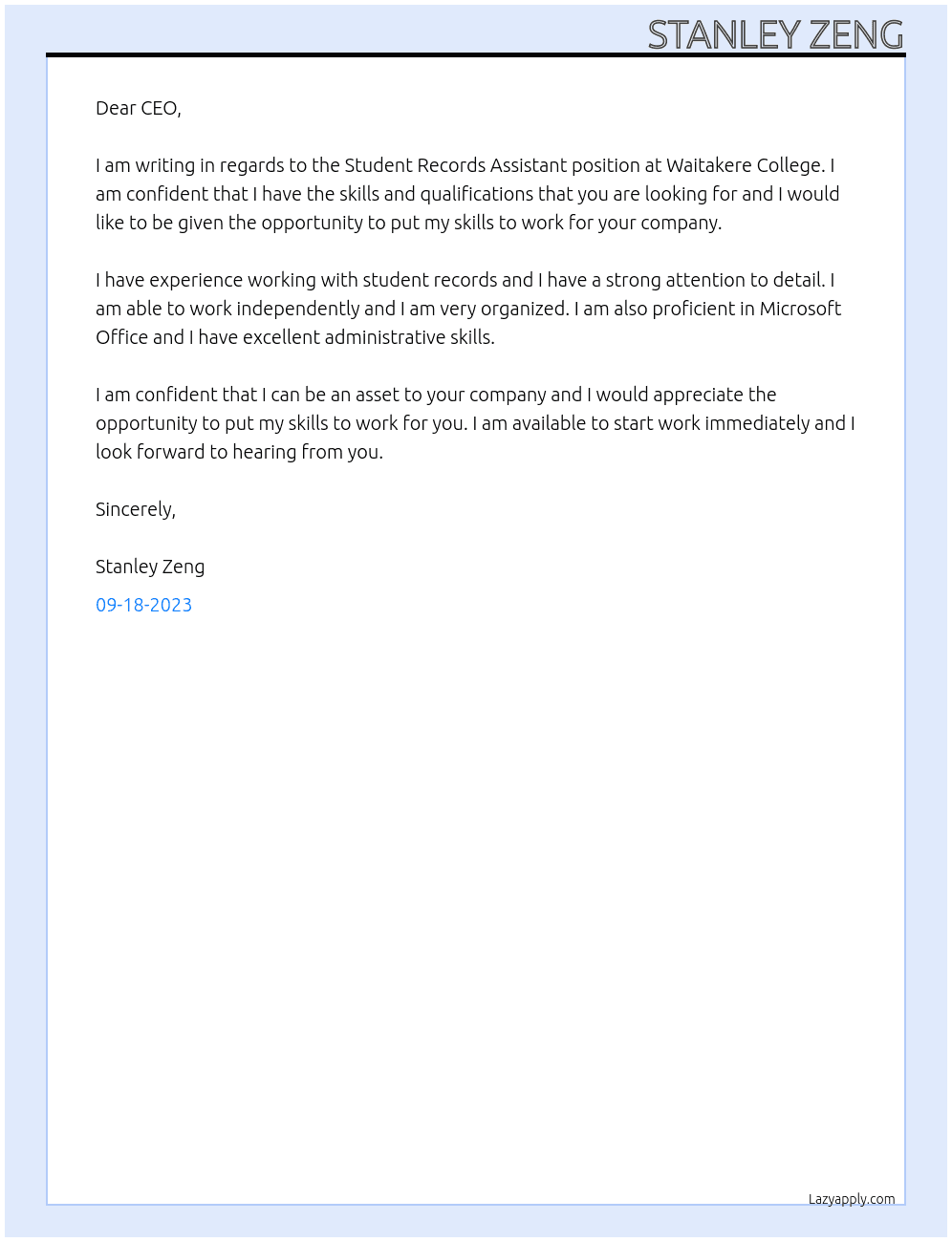 Student Records Assistant At Waitakere College Cover Letter