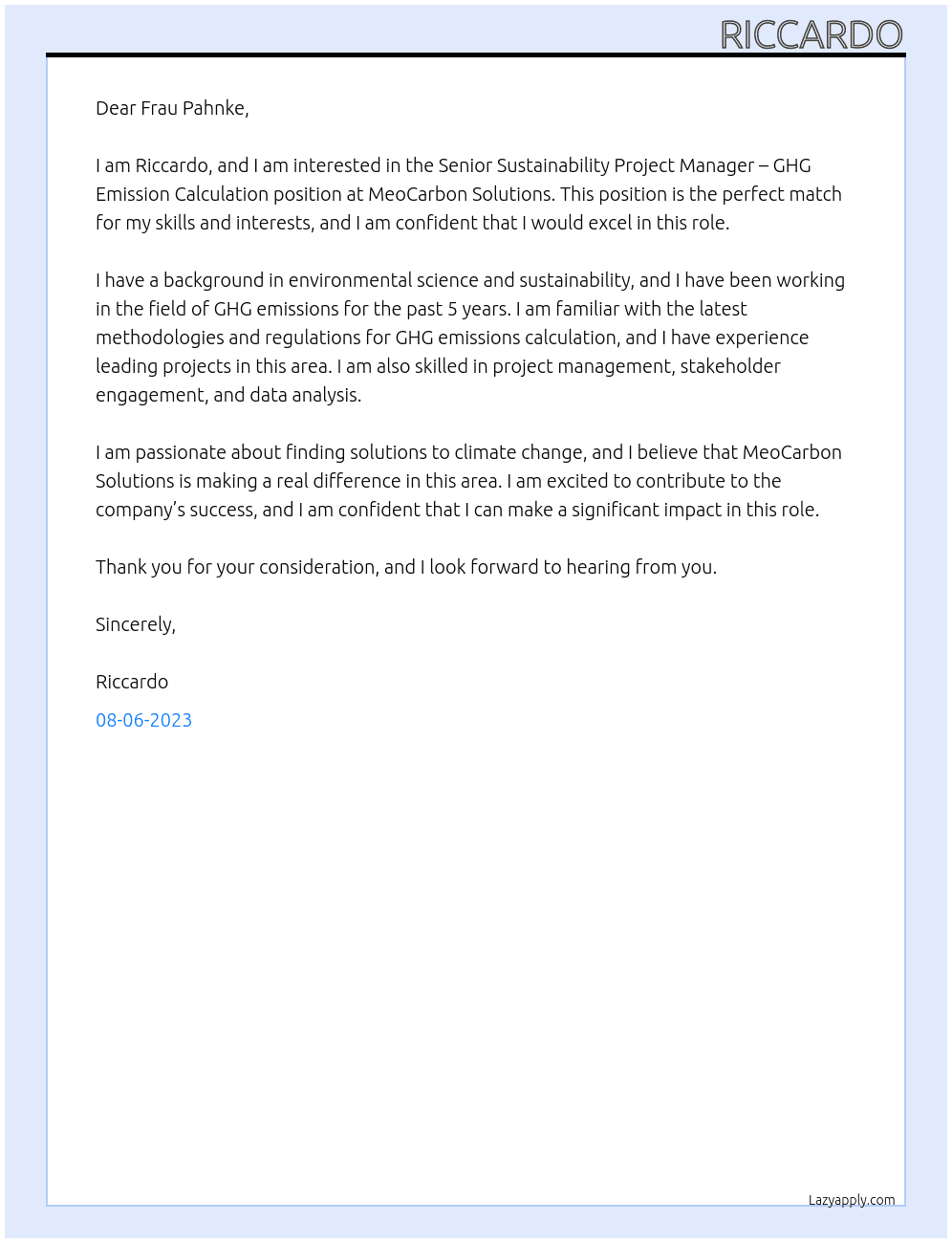 Senior Sustainability Project Manager – GHG Emission Calculation At MeoCarbon Solutions Cover Letter