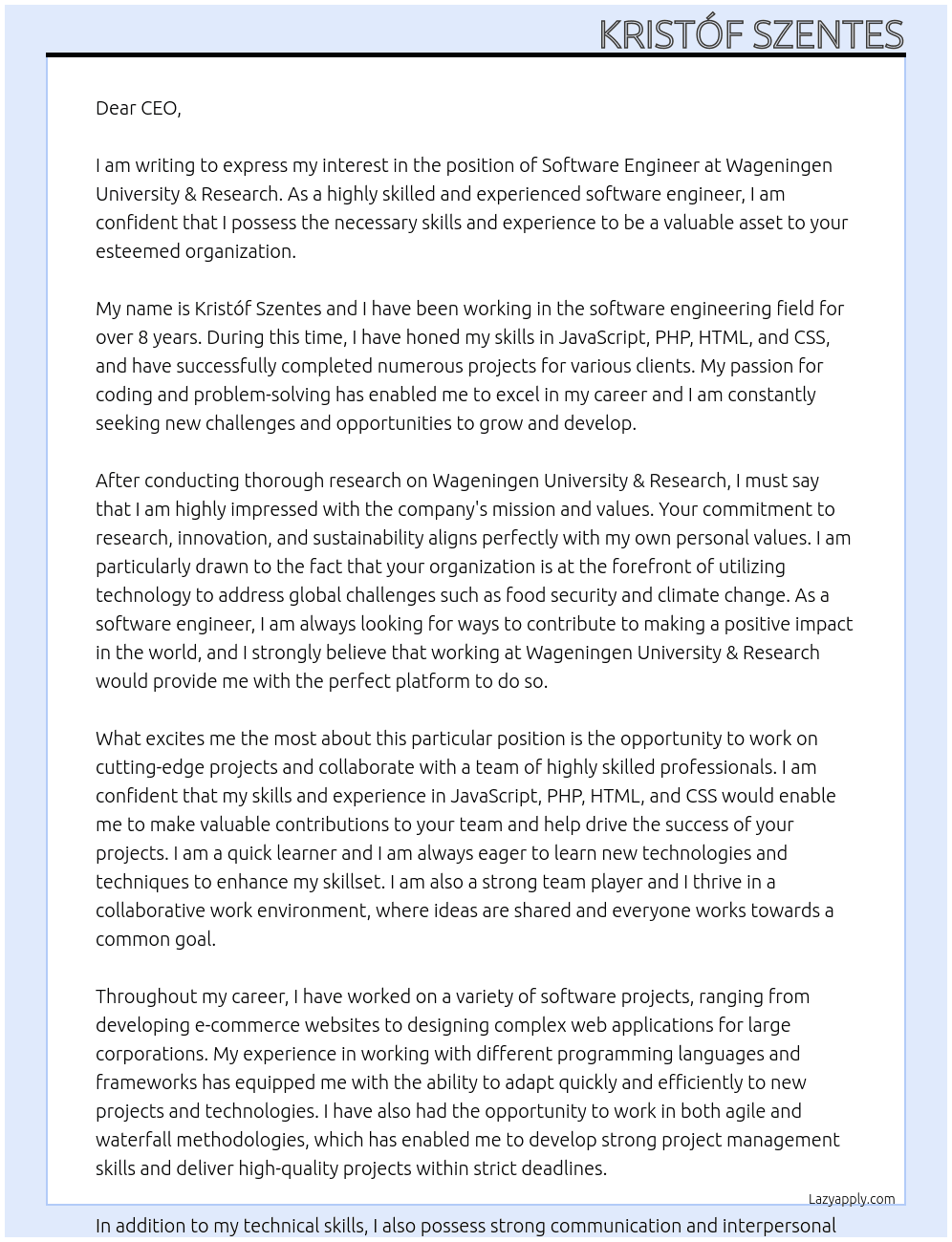software engineer At Wageningen University & Research Cover Letter