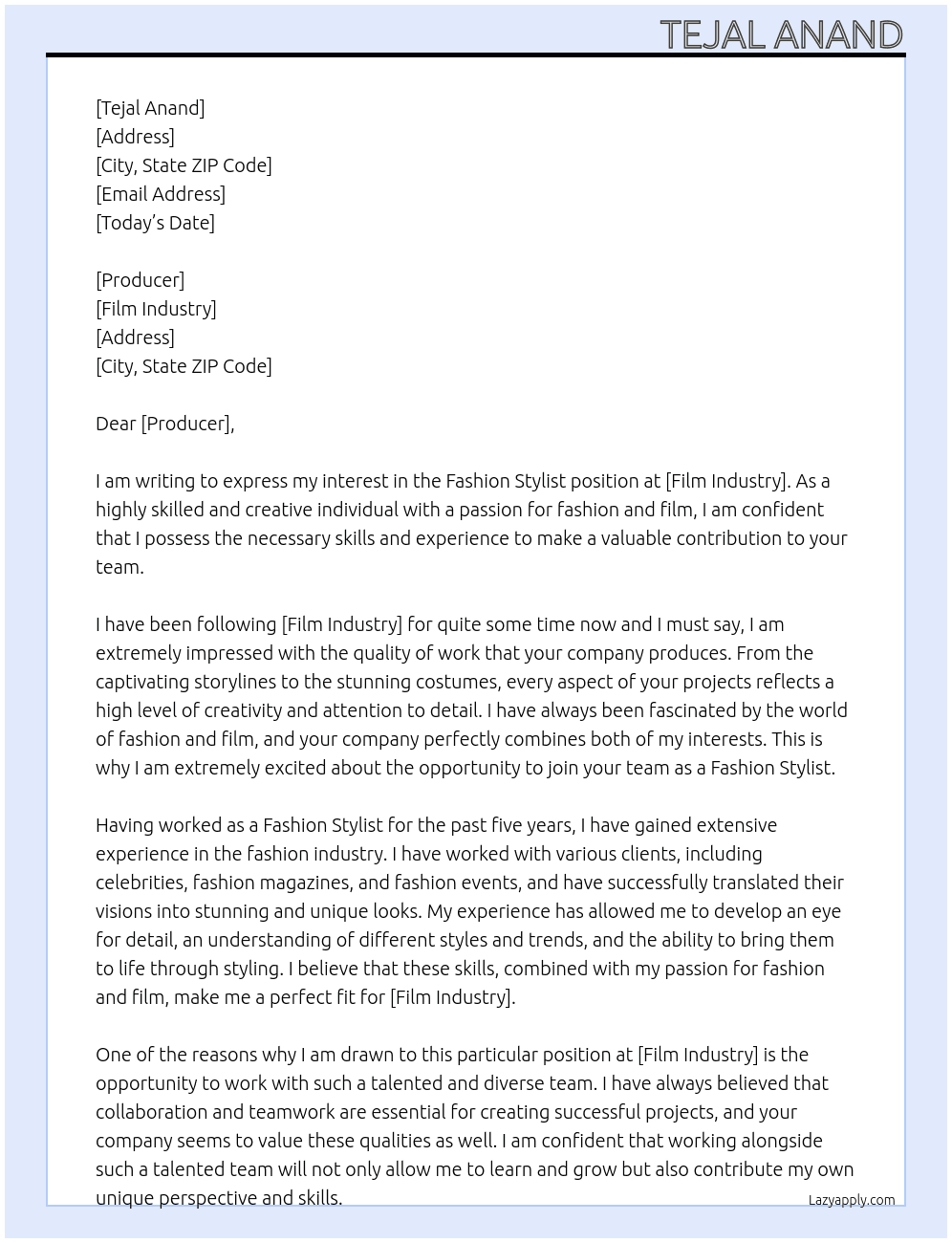 Fashion Stylist  At Film Industry Cover Letter