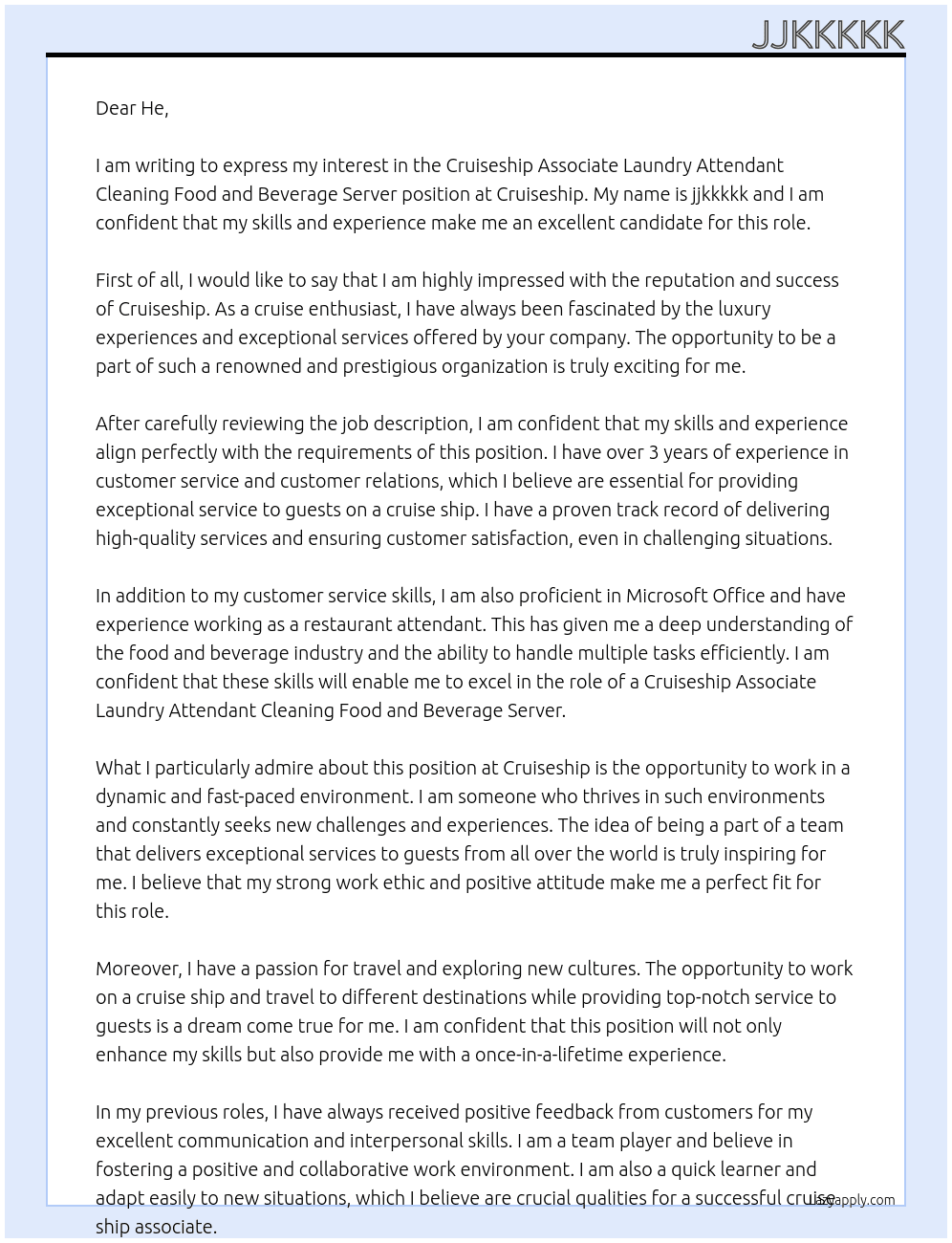 Cruiseship associate laundry attendant cleaning food and beverage server,  At cruiseship Cover Letter