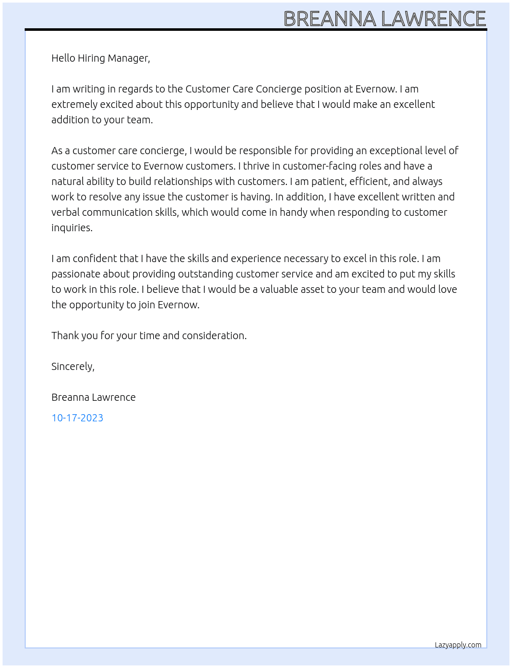 Customer Care Concierge  At Evernow Cover Letter