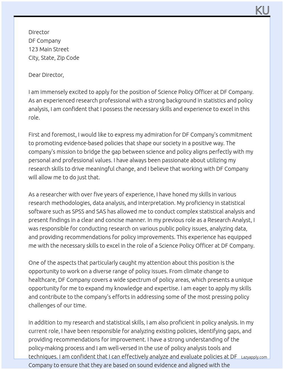 science policy officer At df Cover Letter
