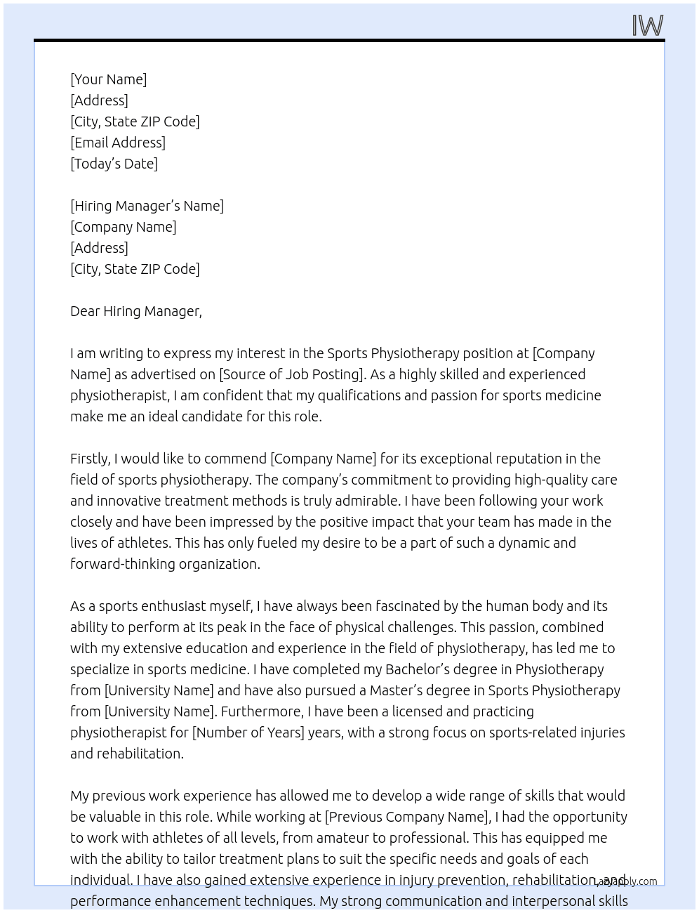sports physiotherapy At CP Cover Letter