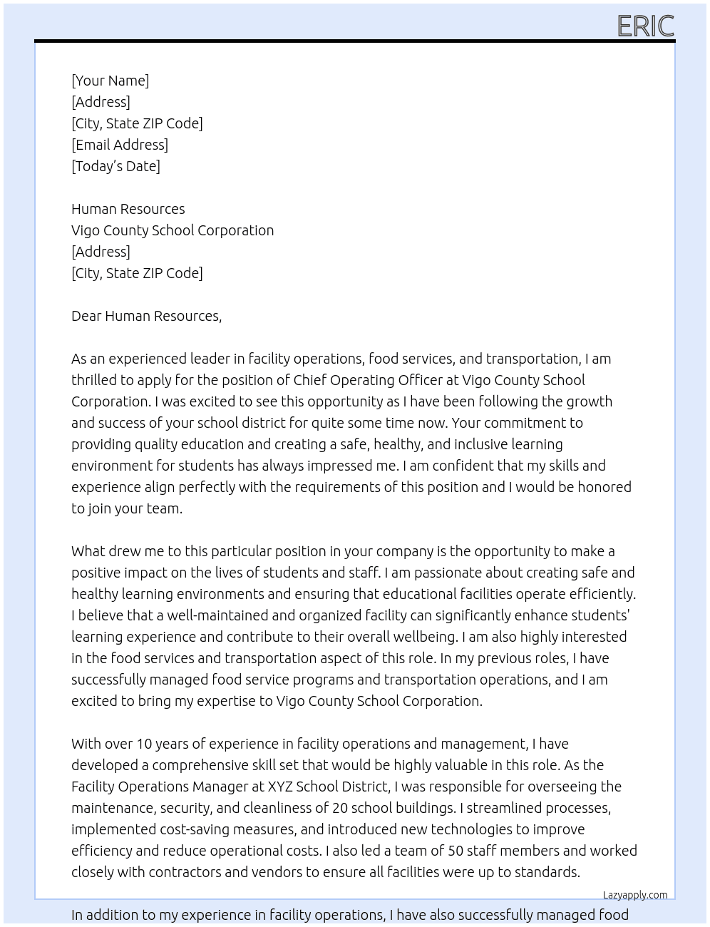 Chief Operating Officer of Facility Operations, Food Services, and  Transportation At Vigo County School Corporation Cover Letter