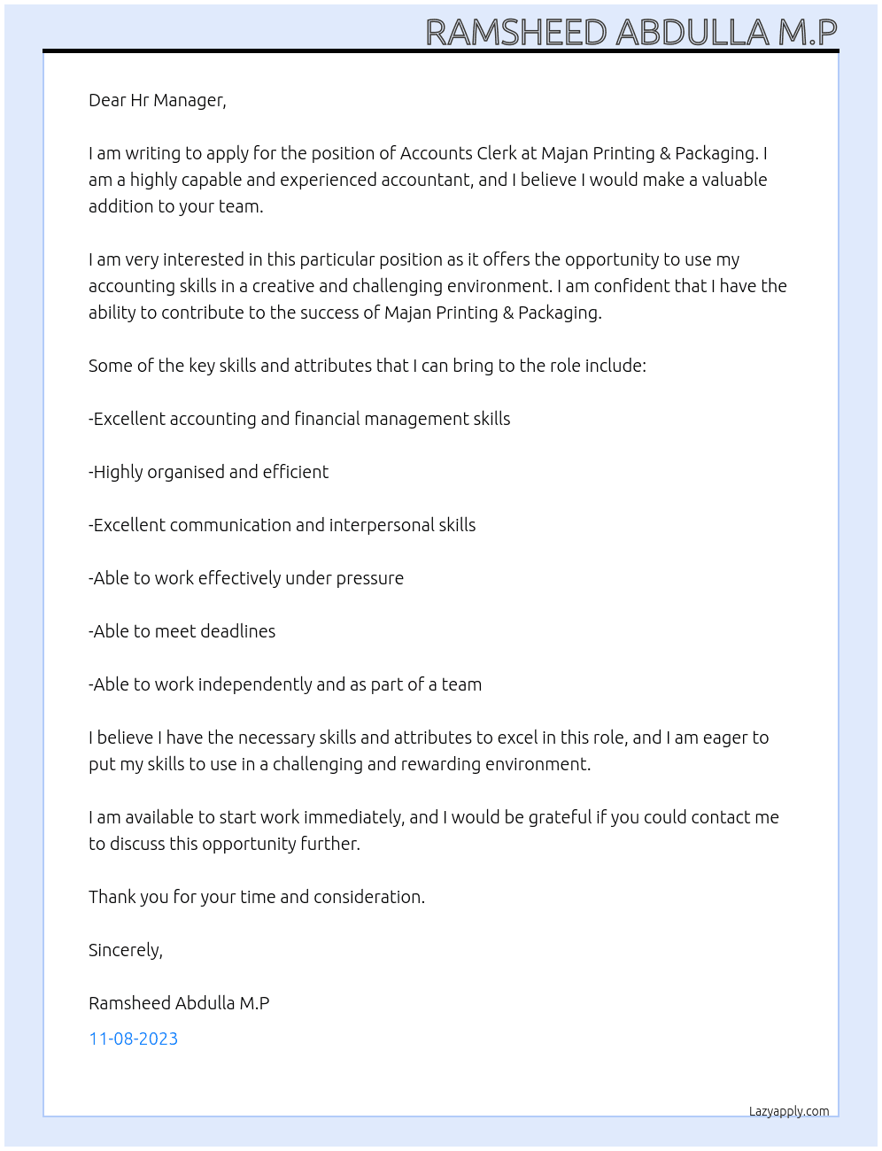 Accounts Clerk At Majan Printing & Packaging  Cover Letter