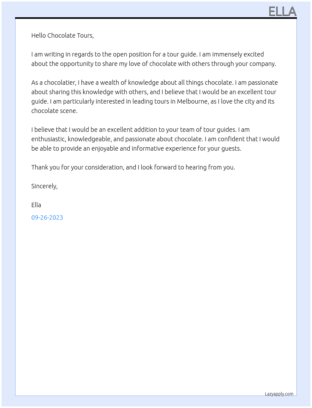 Tour Guide At Chocolate Tours Cover Letter