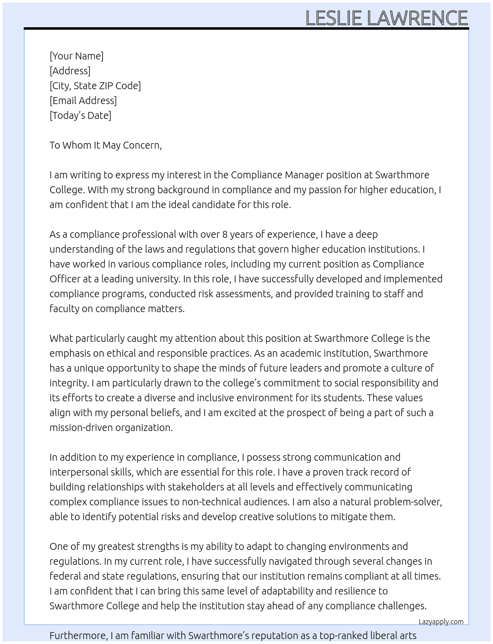 Compliance Manager At Swarthmore College Cover Letter
