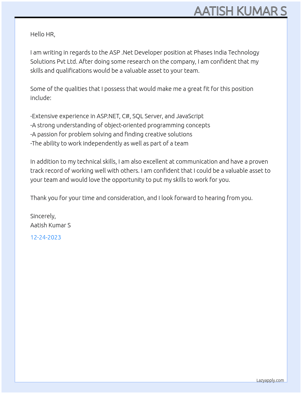 ASP .Net Developer At Phases India Technology Solutions Pvt Ltd Cover Letter
