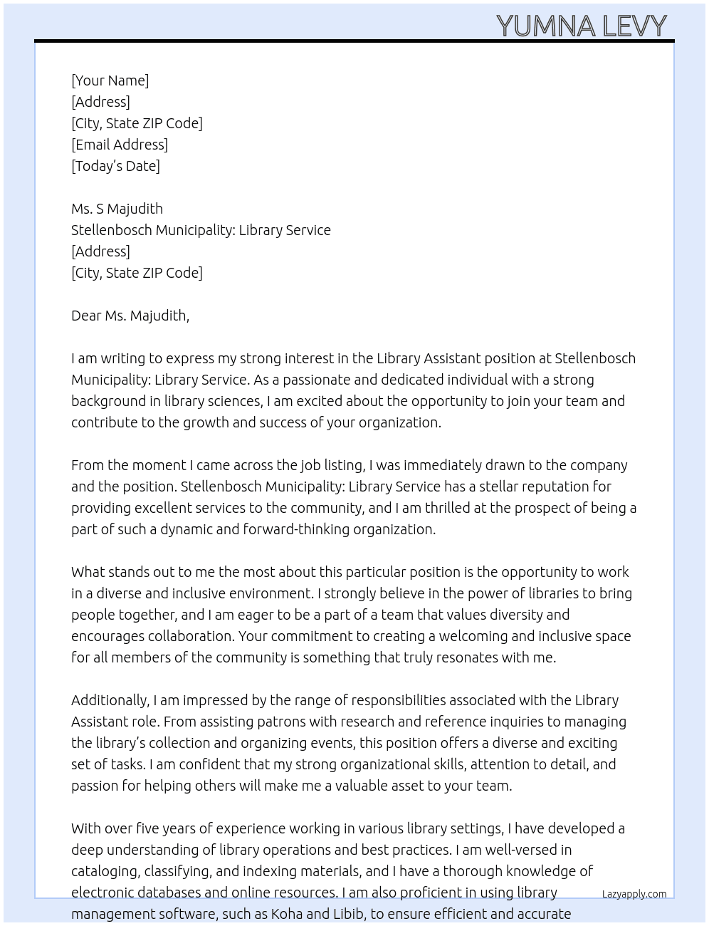 Library Assistant  At Stellenbosch Municipality: Library Service  Cover Letter
