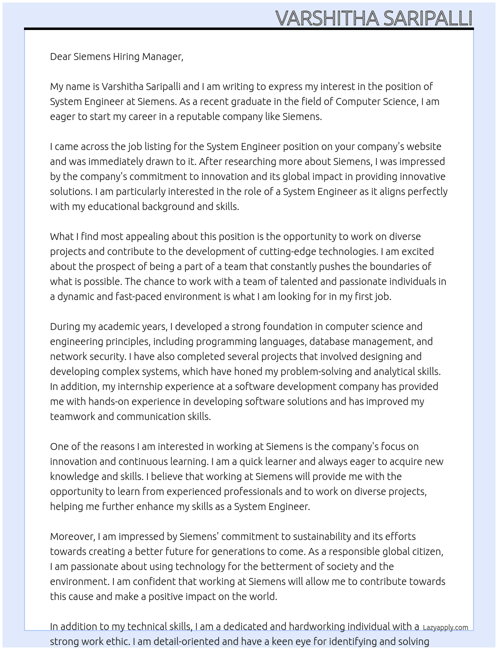 SYSTEM ENGINEER At Siemens  Cover Letter