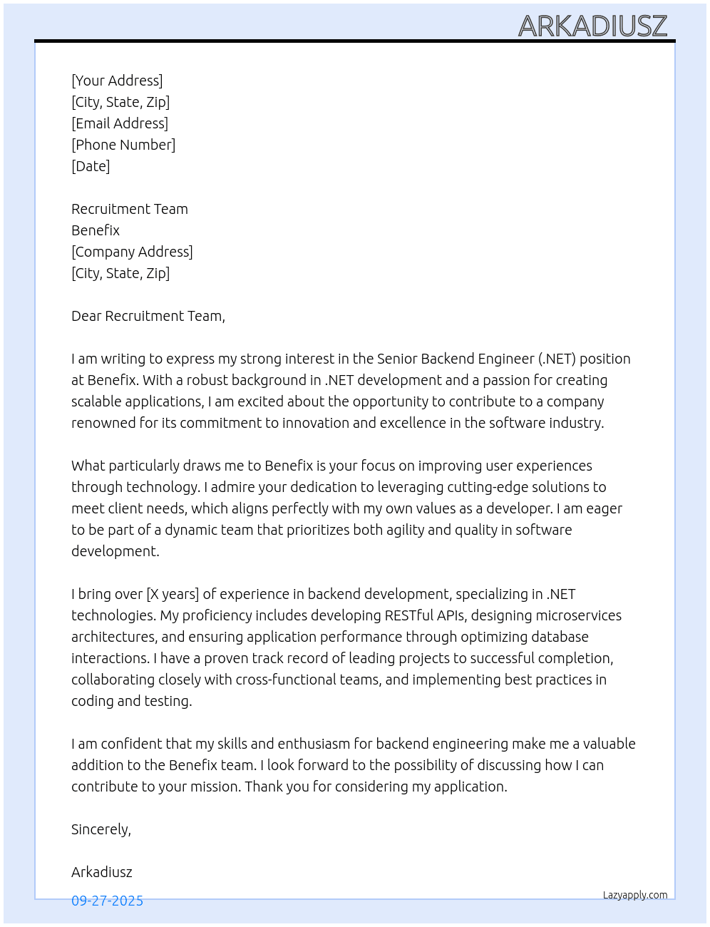 Senior Backend Engineer (.NET) At Benefix Cover Letter